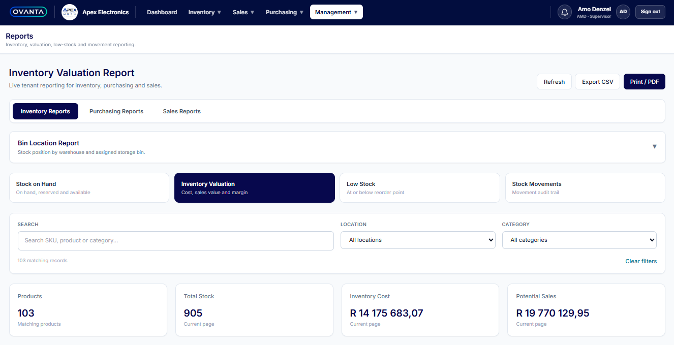 Ovanta reporting screen with inventory valuation, stock and reporting controls